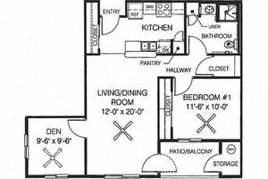 Floor plan for 1 bed, 1 bath, 757 sqft